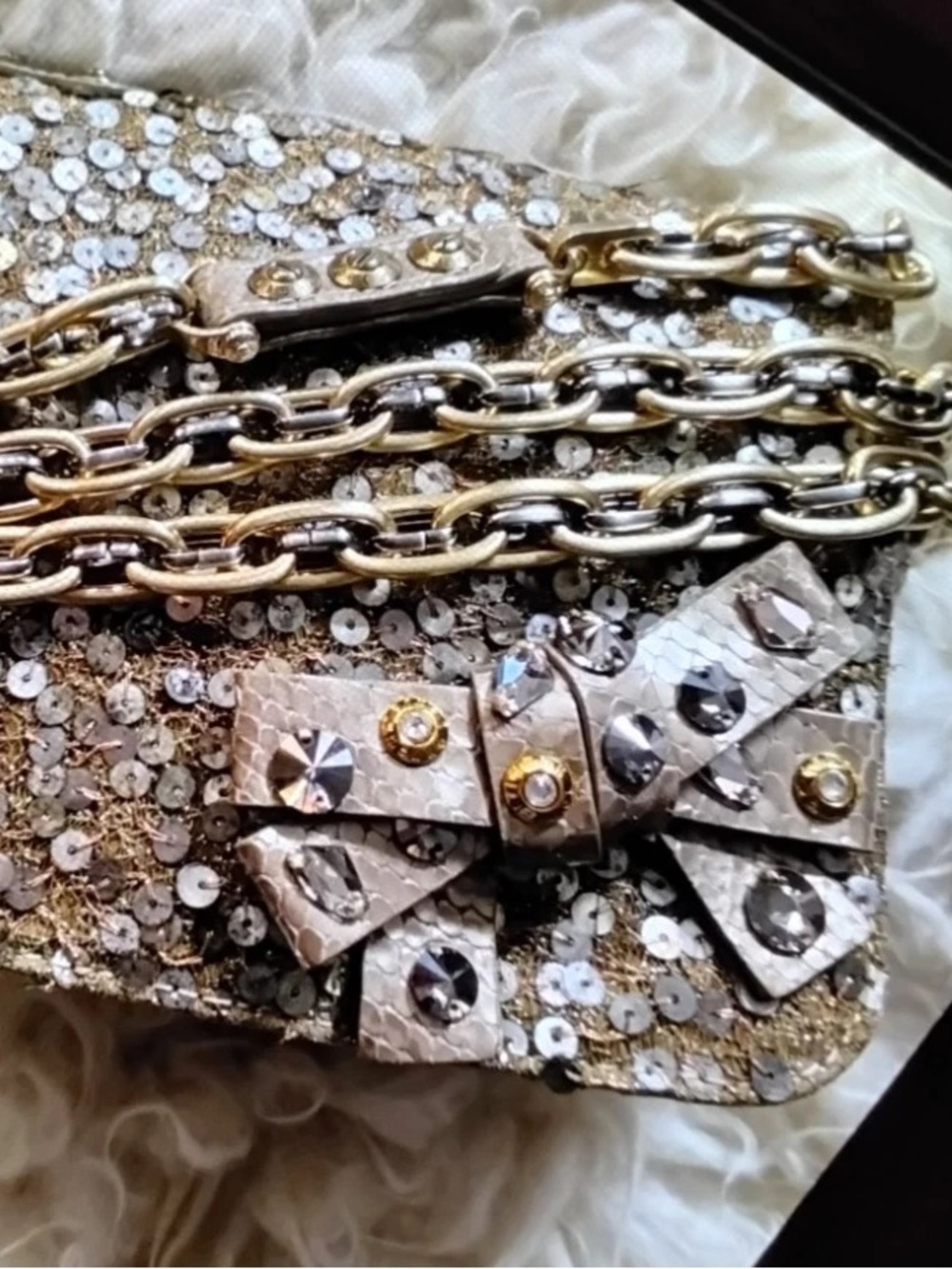 Henri Bendel Embellished Gold Sequin Chain Crossbody with Jeweled Bow